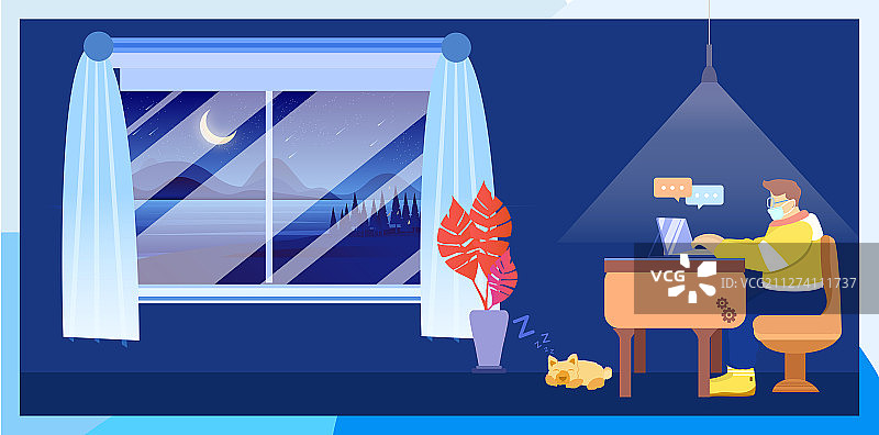 年青人在家休养戴口罩用平板电脑远程办公图片素材