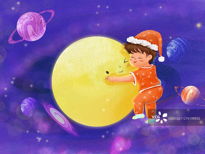 晚安男孩在星球环绕的太空拥抱着发光的月亮图片素材