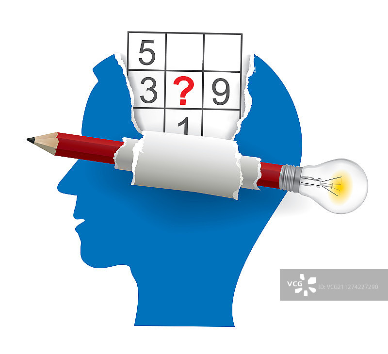 带有数独和智能灯泡铅笔的男性头部图片素材