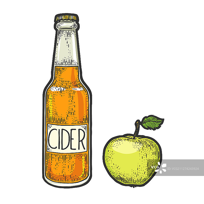 苹果酒瓶和苹果素描雕刻图片素材