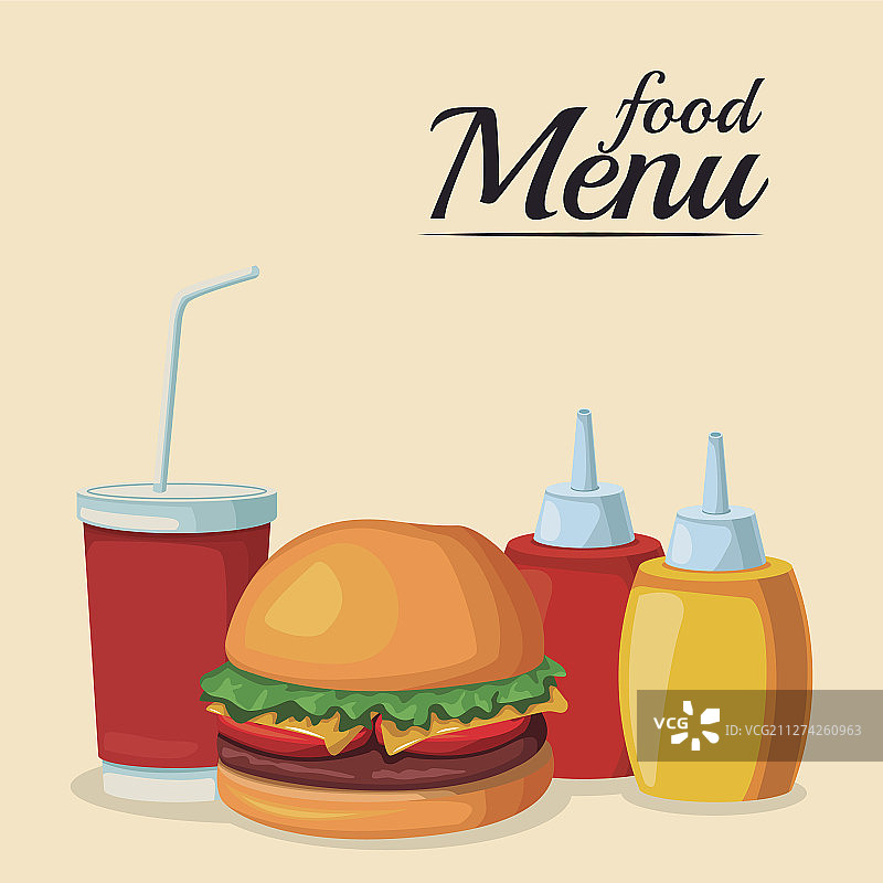 汉堡配酱汁瓶和软饮料图片素材