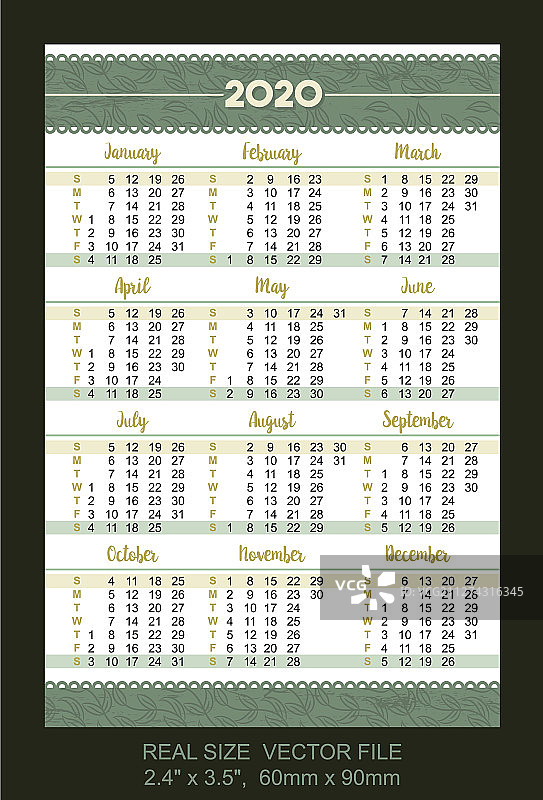 2020年星期天开头的袖珍日历图片素材