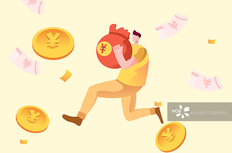 卡通男人抱着钱袋子奔跑插画图片素材