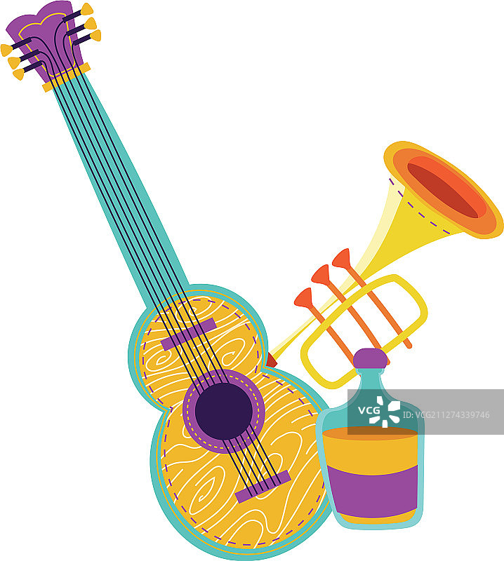 吉他、小号和龙舌兰酒瓶图片素材