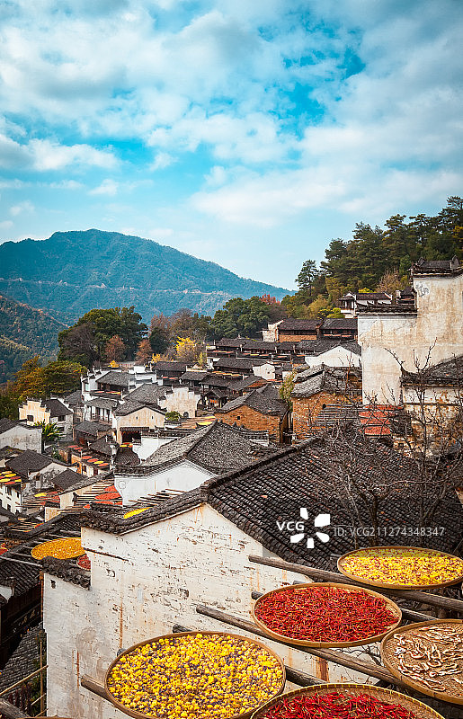 江西婺源皇岭秋晒农作物自然建筑风光图片素材
