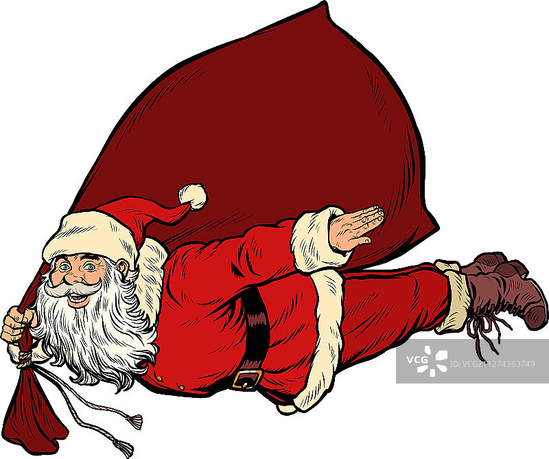 圣诞老人超人带着礼物袋飞行图片素材