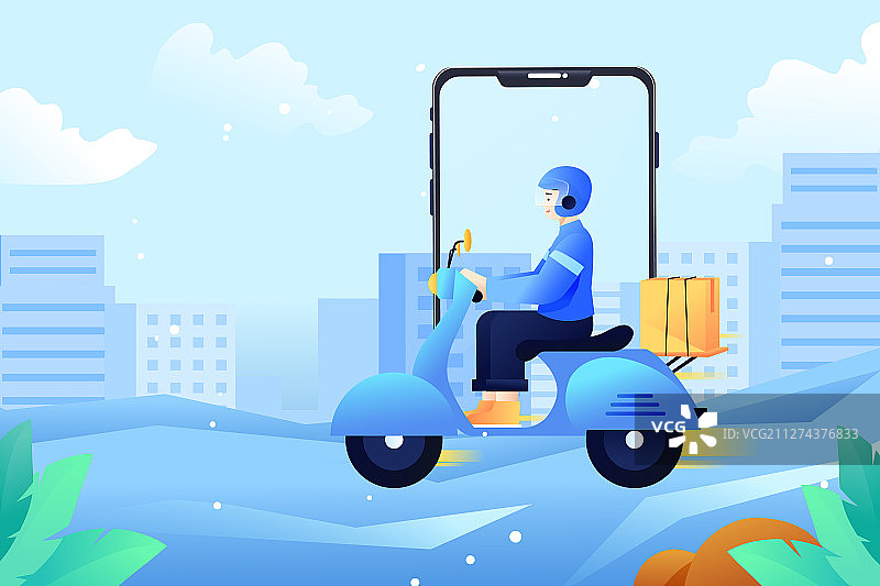 卡通五一劳动节外卖配送送货电动车出行职业工作背景矢量插画图片素材