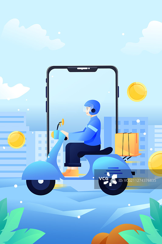 卡通五一劳动节外卖配送送货电动车出行职业工作背景矢量插画图片素材