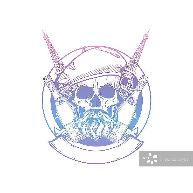 戴贝雷帽的法式骷髅素描图片素材