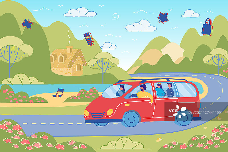 朋友们在乡间小路上驾车兜风图片素材