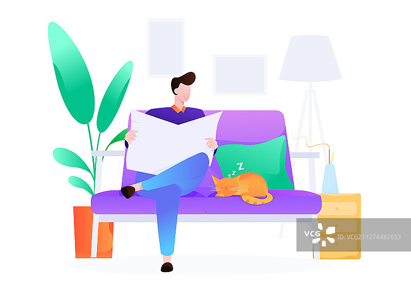 客厅里看报纸的男人，矢量扁平人物场景创意概念插画图片素材