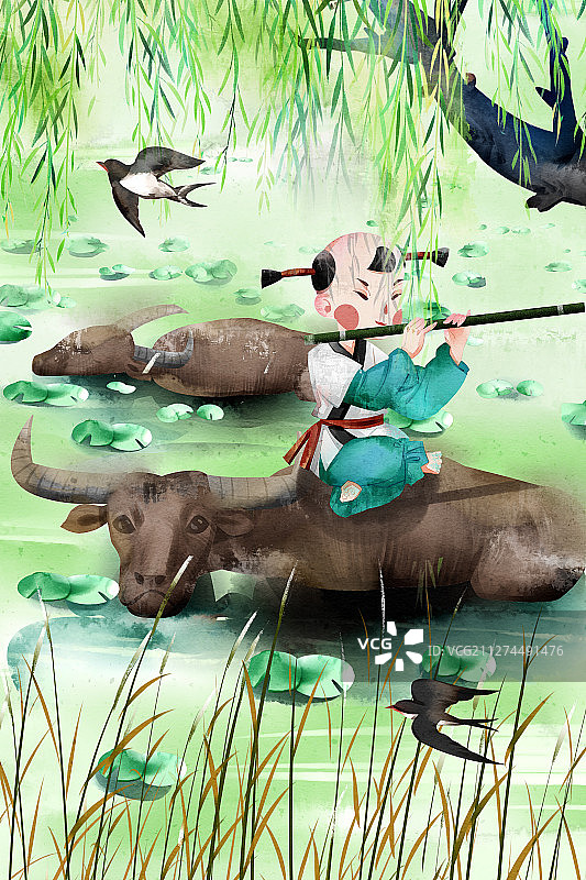 中国风水彩清明节牧童吹笛子插画图片素材