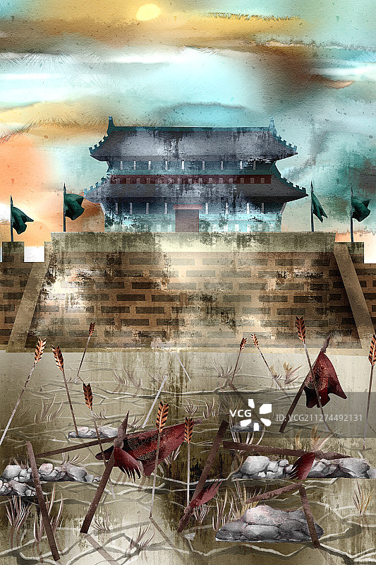 中国风水彩古城战场插画图片素材