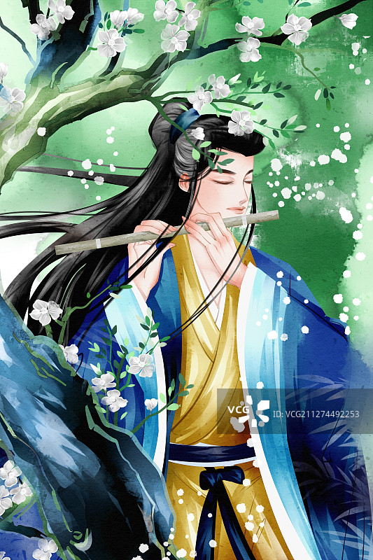 中国风水彩男性吹笛子插画图片素材