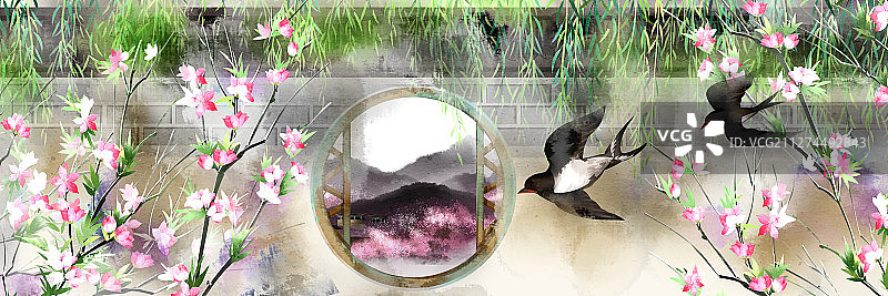中国风水彩春天围墙插画图片素材