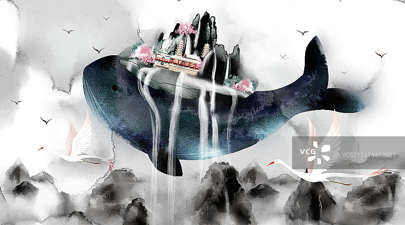 中国风水彩天空鲲鱼城市插画图片素材