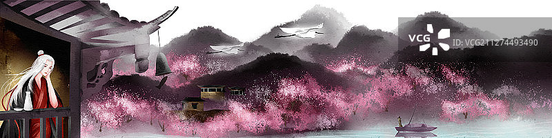 中国风公子饮酒赏花插画图片素材