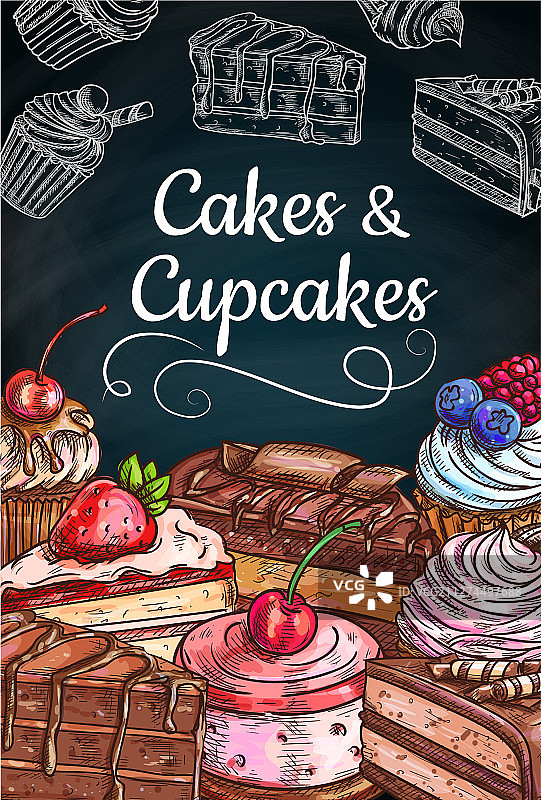 奶油巧克力蛋糕、纸杯蛋糕和松饼图片素材