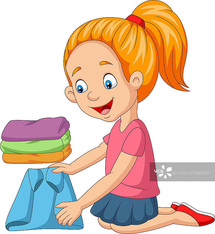 卡通小女孩叠衣服图片素材