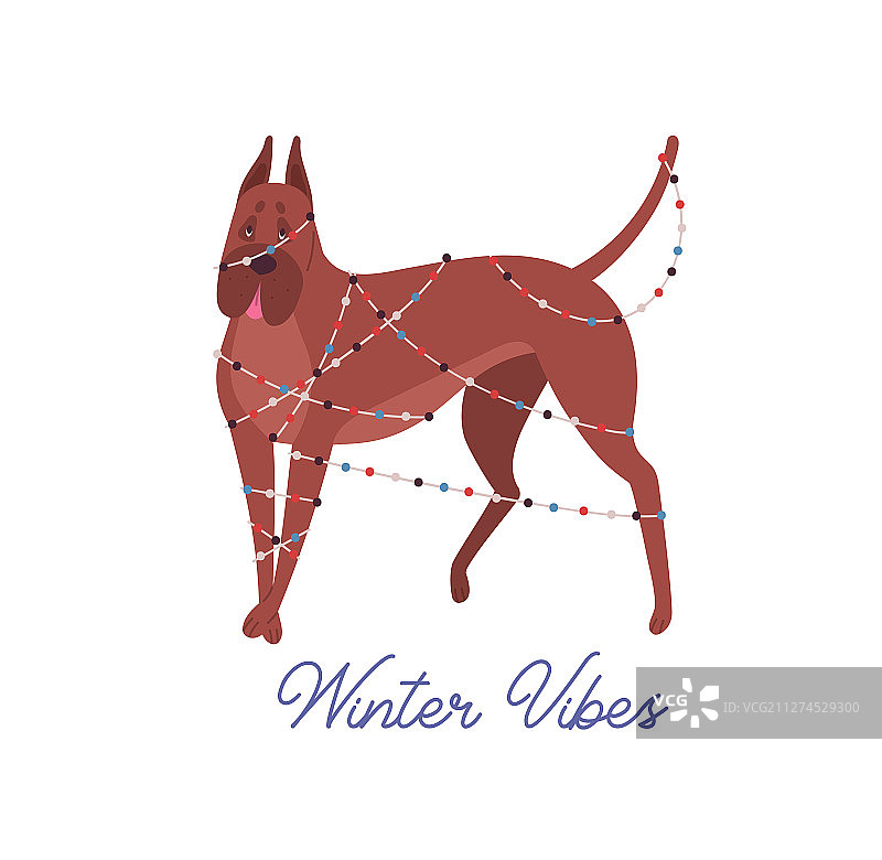 搞笑的狗缠在圣诞花环里扁平风格图片素材