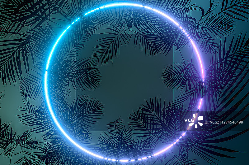 叶子的光影与霓虹灯光 三维渲染图片素材