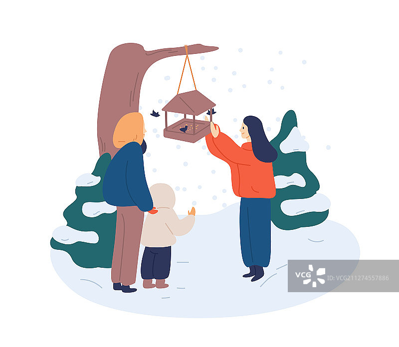 冬季喂鸟扁平插画图片素材