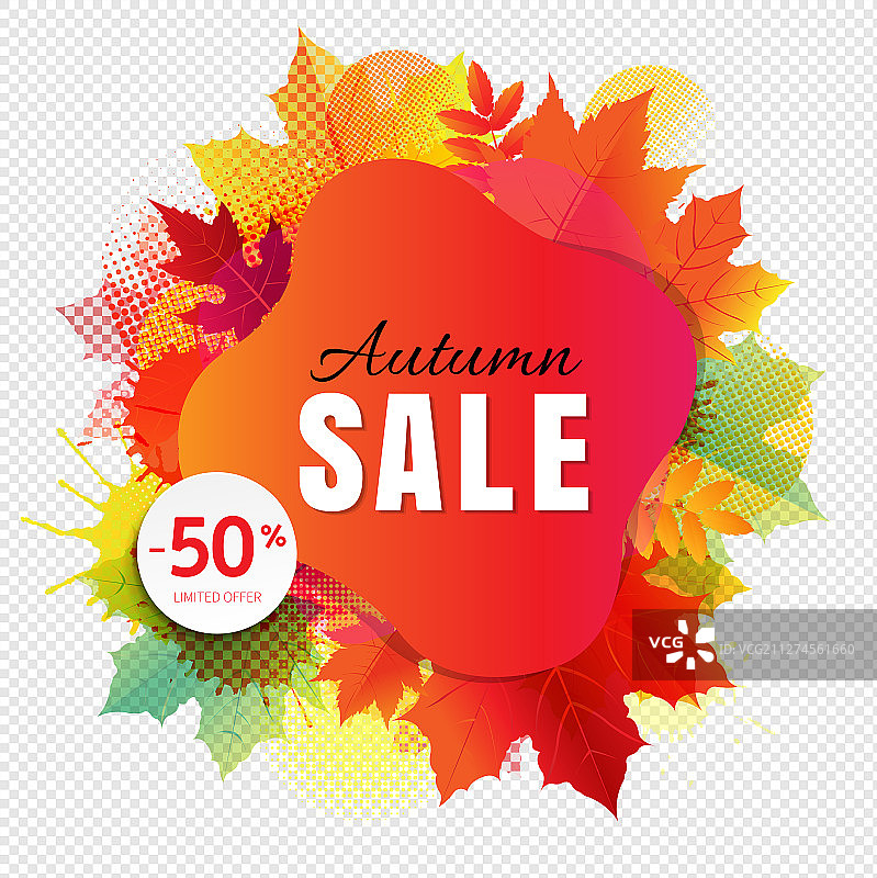 秋季促销banner与彩色污渍和树叶图片素材