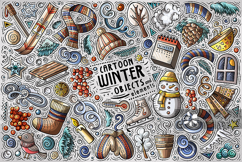 手绘涂鸦卡通冬季套装图片素材