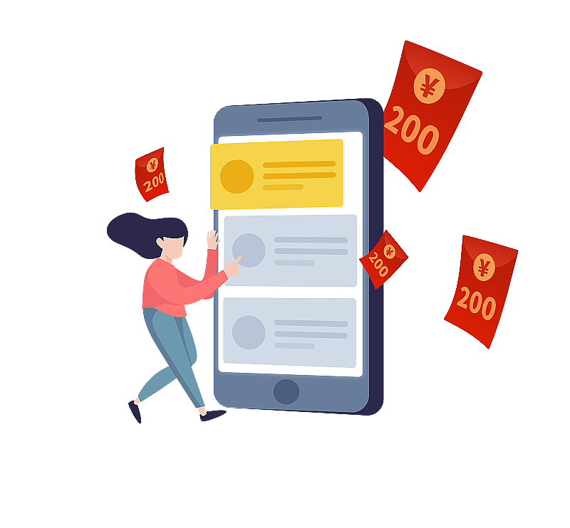 女孩玩手机领红包图片素材