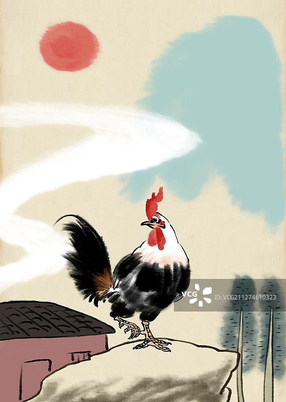 公鸡打鸣国画图片素材