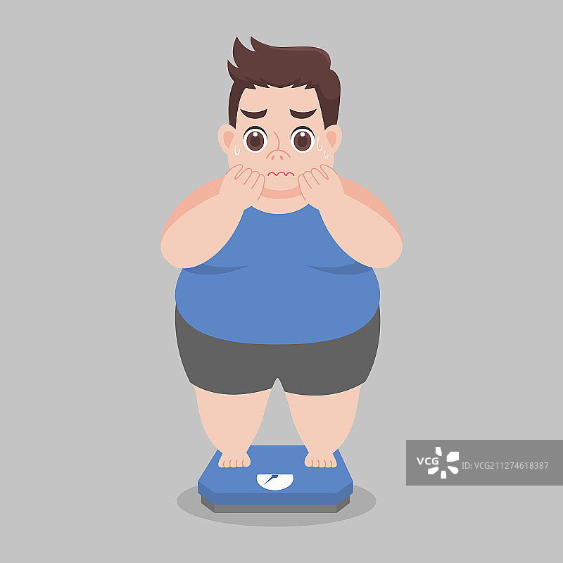 站在电子秤上焦虑的胖男人图片素材