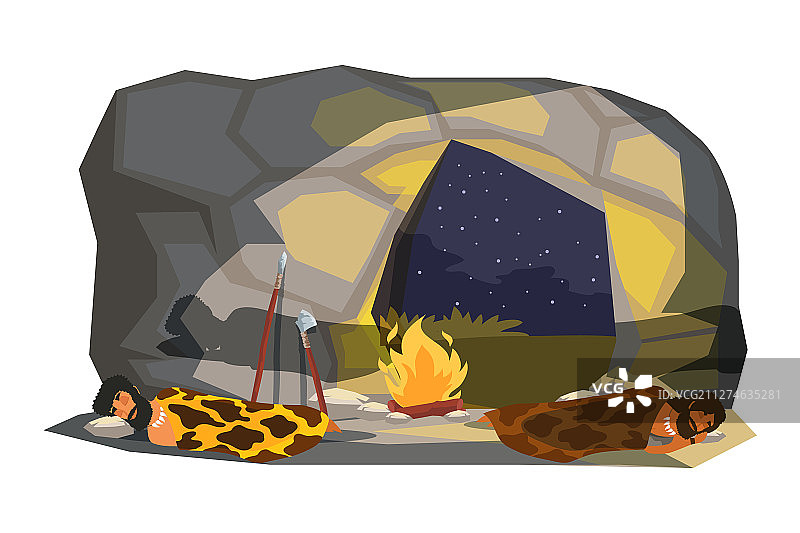 石器时代的人们在洞穴中睡觉图片素材