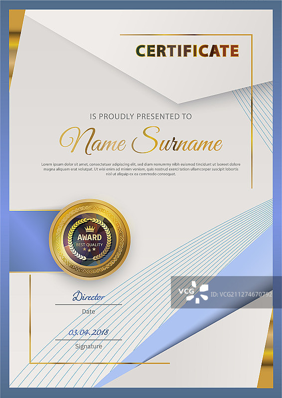 带有金色蓝色设计的官方证书图片素材