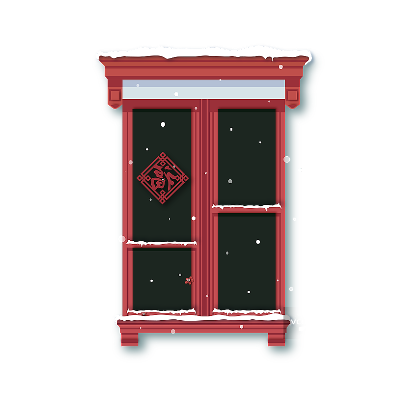 下雪的红色贴福的窗户图片素材