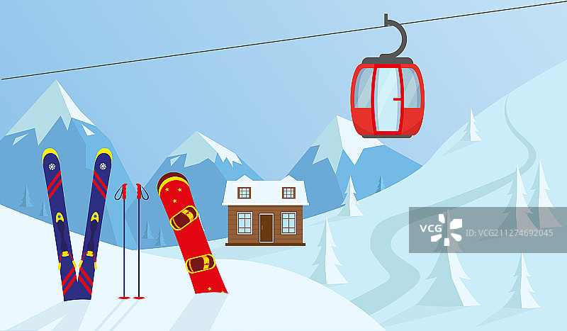 冬季山景滑雪和滑雪板图片素材