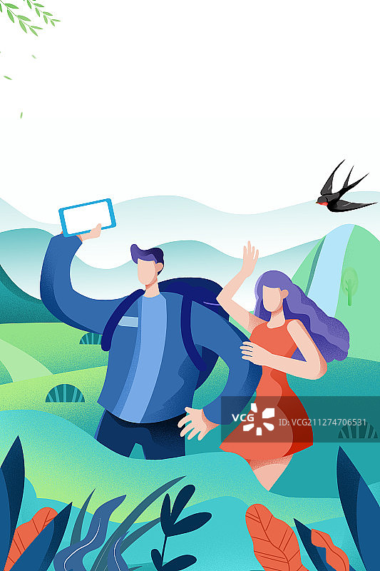 卡通手绘情侣旅游插画图片素材