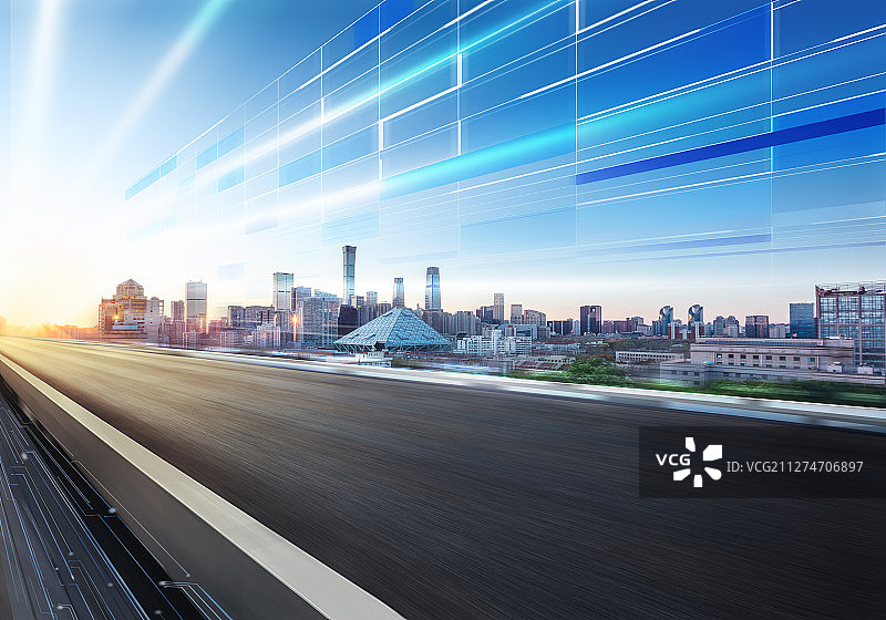 城市天际线与科技道路，未来城市交通概念图片素材