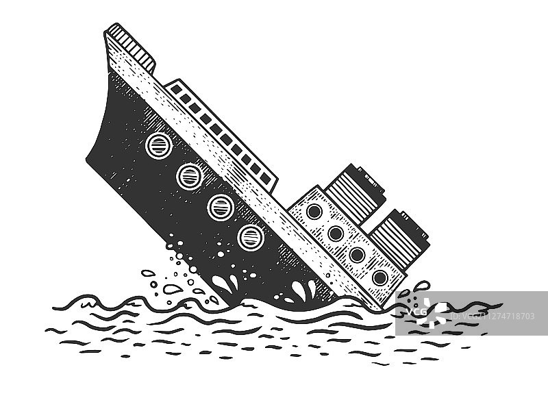 沉没的蒸汽船素描雕刻图片素材