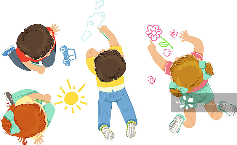 可爱的小孩躺在地板上绘画图片素材