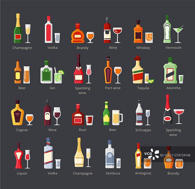 各种酒精饮品瓶与酒杯扁平图标图片素材