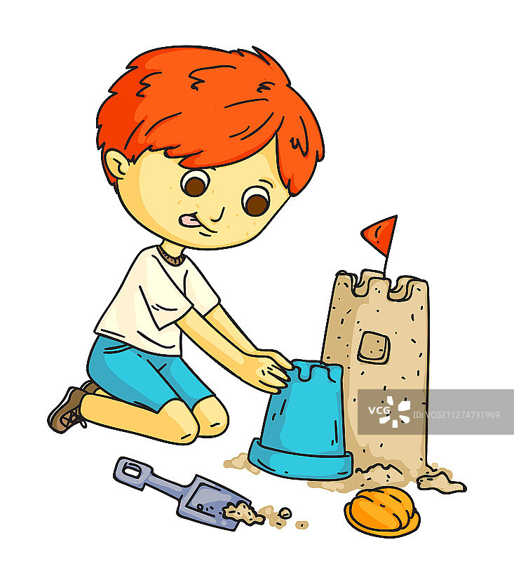 玩篮子、铲子和玩具的小孩图片素材