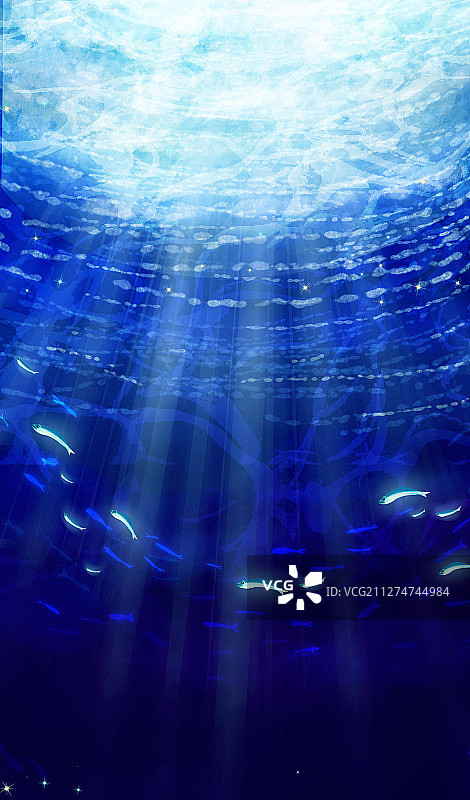 几束光线穿透海面进入海底世界插画背景图片素材