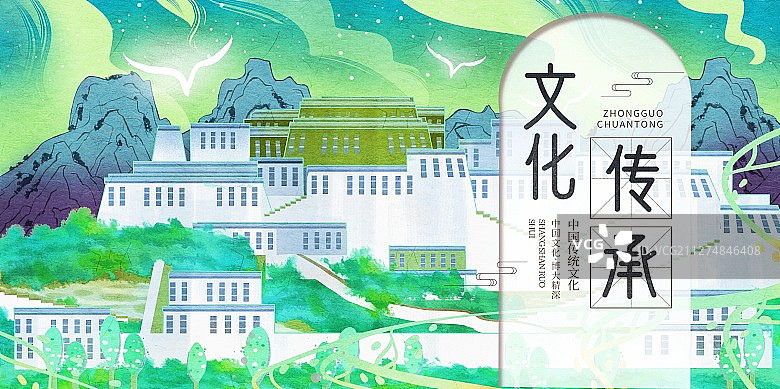 国潮风西藏拉萨布达拉宫插画展板图片素材