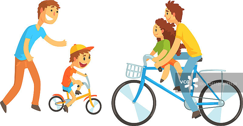 家长和孩子一起骑自行车图片素材