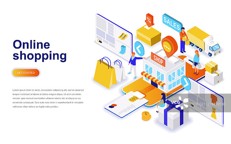 现代扁平风格在线购物2.5D设计图片素材