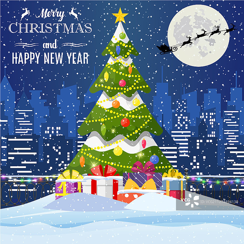 圣诞冬季城市景观冷杉树和礼物图片素材