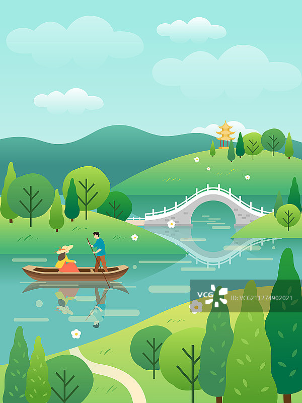 一对男女在公园湖水中划船图片素材