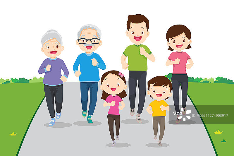大家庭一起慢跑锻炼图片素材