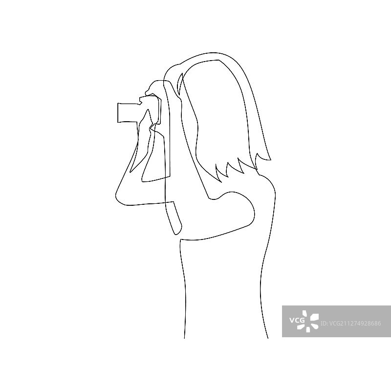 女人用相机拍照连续单线画图片素材