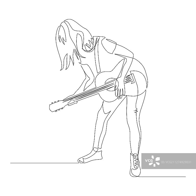 连续单线绘制的弹吉他女人图片素材